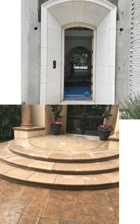 Custom stone doorway and curved tile steps at residential entrance